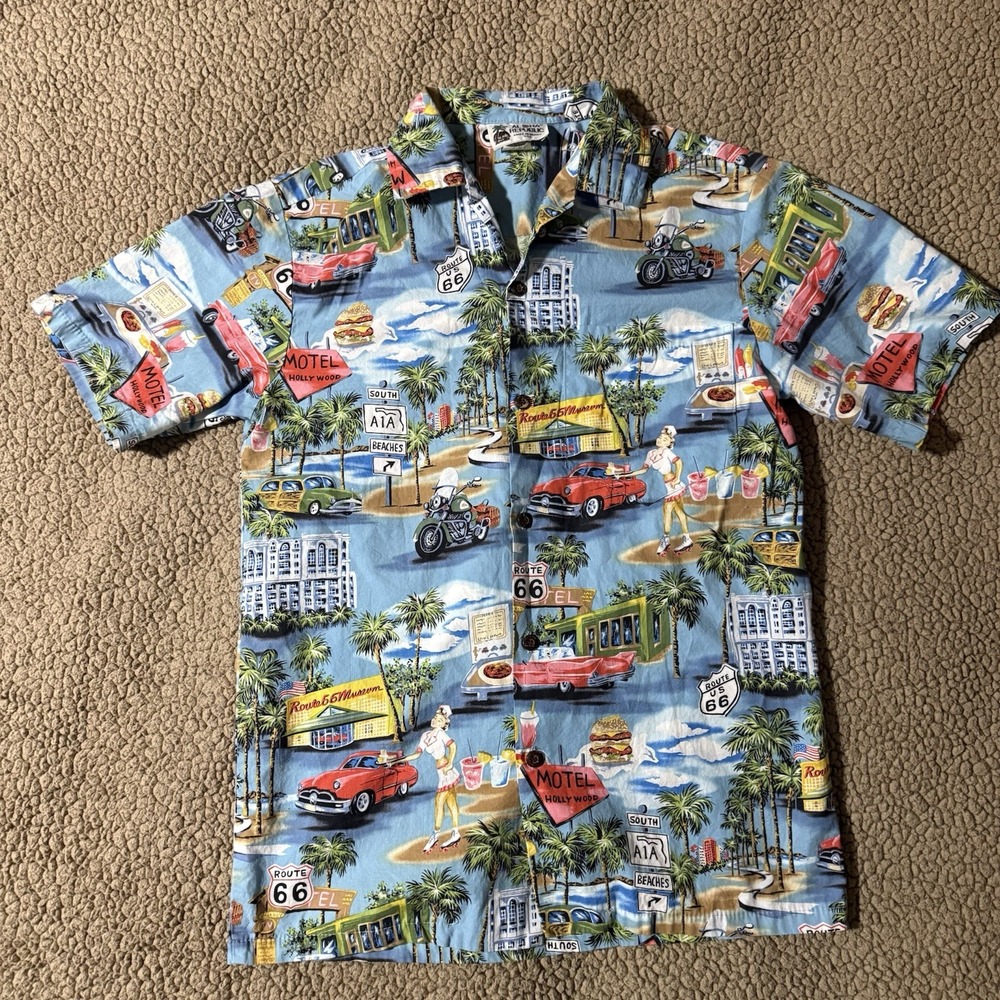 Aloha Republic Mens Route 66 Americana Hawaiian Shirt Blue Cotton Small Hawaii